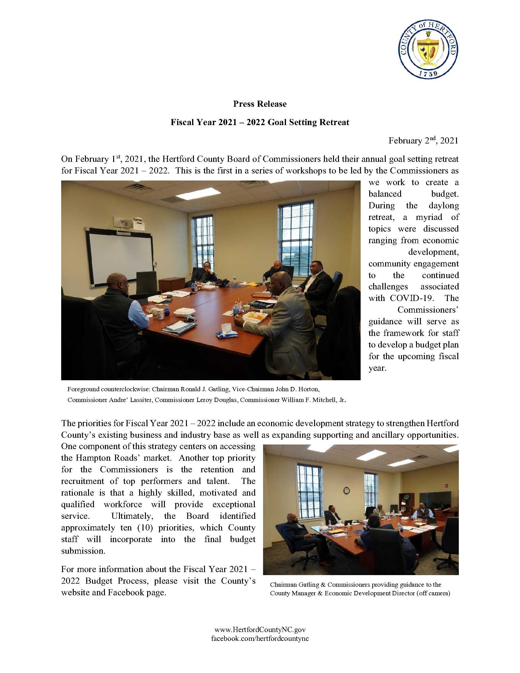 Hertford County FY 21-22 Budget Retreat Press Release 020221